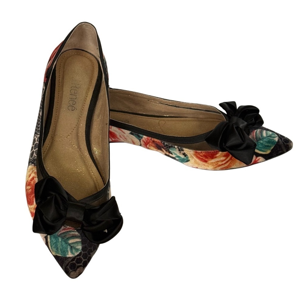 J. Renee Velvet Floral Pointed Toe Ballet Bow Flats Size 8.5 Feminine Office